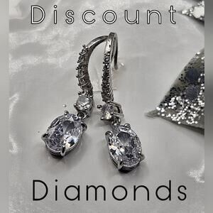 Oval Cut Clear / White Diamond Earrings with Baguette Diamonds 925 Silver
